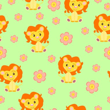 Yavru aslanlar ve pembe çiçeklerle kusursuz desen. Sarı ve turuncu. Yeşil arka plan. Çizgi film tarzı. Komik ve sevimli. Afrika hayvanı. Çocuklar için. Kartpostallar, duvar kağıtları, tekstil ve ambalaj kağıtları için.