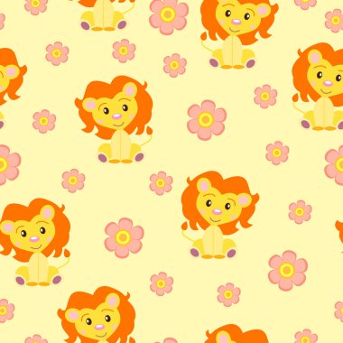 Yavru aslanlar ve pembe çiçeklerle kusursuz desen. Sarı ve turuncu. Sarı arka plan. Çizgi film tarzı. Komik ve sevimli. Afrika hayvanı. Çocuklar için. Kartpostallar, duvar kağıtları, tekstil ve ambalaj kağıtları için.