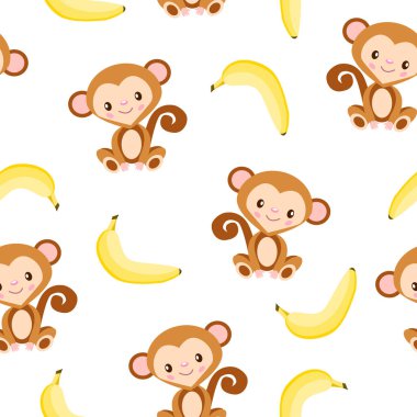 Maymun ve sarı muzlu kusursuz desen. Beyaz arka plan. Düz çizgi film tarzı. Sağlıklı yiyecekler. Vejetaryen ve vejetaryen yaşam tarzı. Çocuklar için. Kartpostallar, duvar kağıtları, tekstil ve ambalaj kağıtları için.