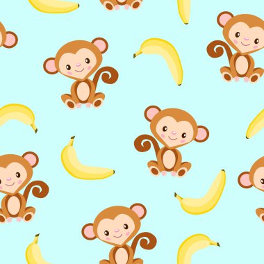 Maymun ve sarı muzlu kusursuz desen. Mavi arka plan. Düz çizgi film tarzı. Sağlıklı yiyecekler. Vejetaryen ve vejetaryen yaşam tarzı. Çocuklar için. Kartpostallar, duvar kağıtları, tekstil ve ambalaj kağıtları için.