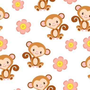 Mutlu bebek maymunlar oturuyor. Kahverengi ve bej. Beyaz arka plan. Kusursuz desen. Çizgi film tarzı. Komik ve sevimli. Afrika hayvanı. Natura ve ekoloji. Kartpostallar, duvar kağıtları, tekstil ve ambalaj kağıtları için.