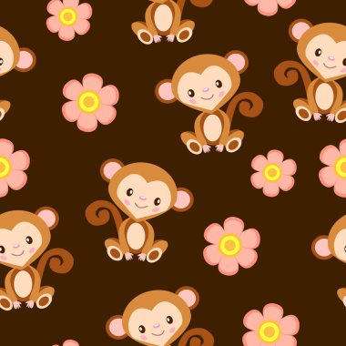 Mutlu bebek maymunlar oturuyor. Kahverengi ve bej. Kahverengi arka plan. Kusursuz desen. Çizgi film tarzı. Komik ve sevimli. Afrika hayvanı. Natura ve ekoloji. Kartpostallar, duvar kağıtları, tekstil ve ambalaj kağıtları için.