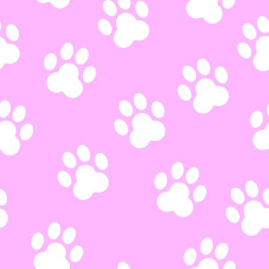 Hayvan pençesi izi silueti olan kusursuz desen. Pembe ve beyaz. Sevimli ve komik. Çizgi film tarzı. Kediler ve köpekler. Evcil hayvan dükkanı. Veteriner. Kartpostallar, tekstil, duvar kağıtları ve ambalaj kağıtları için.