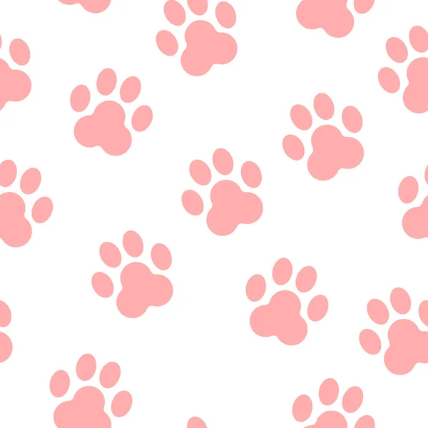 Hayvan pençesi izi silueti olan kusursuz desen. Pastel pembe ve beyaz. Sevimli ve komik. Çizgi film tarzı. Kediler ve köpekler. Evcil hayvan dükkanı. Veteriner. Kartpostallar, tekstil, duvar kağıtları ve ambalaj kağıtları için.