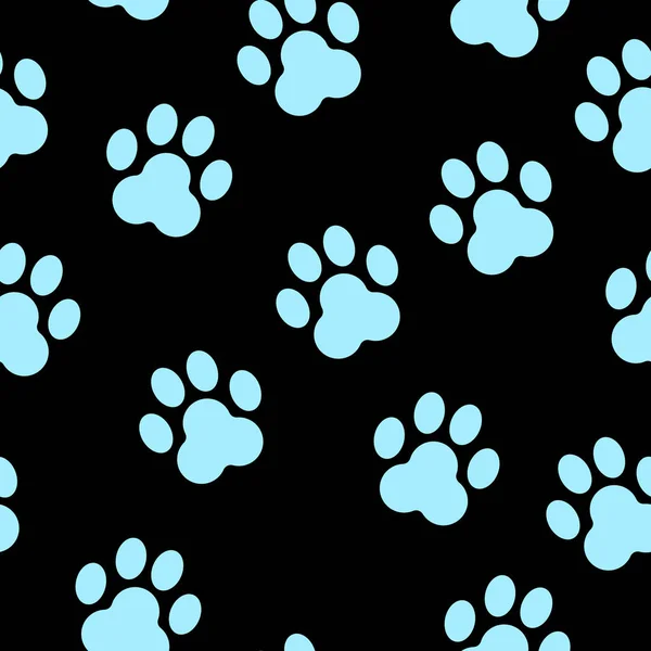 Seamless pattern with animal paw prints silhouette. Light blue and black. Cute and funny. Cartoon style. Cats and dogs. Pet shop. Veterinary. For postcards, textile, wallpaper and wrapping paper