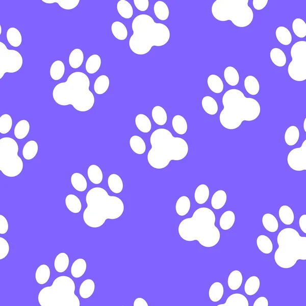 Hayvan pençesi izi silueti olan kusursuz desen. Violet ve White. Sevimli ve komik. Çizgi film tarzı. Kediler ve köpekler. Evcil hayvan dükkanı. Veteriner. Kartpostallar, tekstil, duvar kağıtları ve ambalaj kağıtları için.