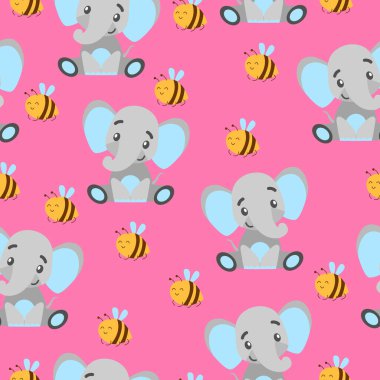 Yavru filler ve sarı arılarla kusursuz desen. Gri ve açık mavi. Pembe arka plan. Düz çizgi film tarzı. Komik ve sevimli. Afrika hayvanı. Kartpostallar, duvar kağıtları, tekstil ve ambalaj kağıtları için.