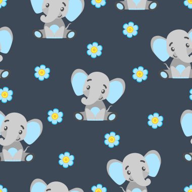 Yavru filler ve çiçeklerle kusursuz desen. Gri ve açık mavi. Koyu gri arka plan. Düz çizgi film tarzı. Komik ve sevimli. Afrika hayvanı. Kartpostallar, duvar kağıtları, tekstil ve ambalaj kağıtları için.