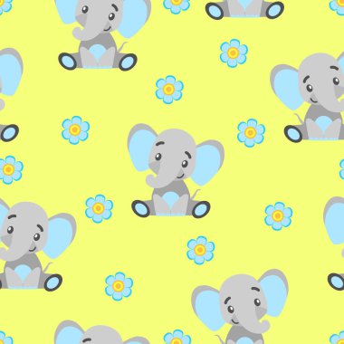 Yavru filler ve çiçeklerle kusursuz desen. Gri ve açık mavi. Sarı arka plan. Düz çizgi film tarzı. Komik ve sevimli. Afrika hayvanı. Kartpostallar, duvar kağıtları, tekstil ve ambalaj kağıtları için.