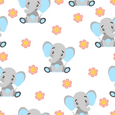 Yavru filler ve pembe çiçeklerle kusursuz desen. Gri ve açık mavi. Beyaz arka plan. Çizgi film tarzı. Komik ve sevimli. Afrika hayvanı. Kartpostallar, duvar kağıtları, tekstil ve ambalaj kağıtları için.