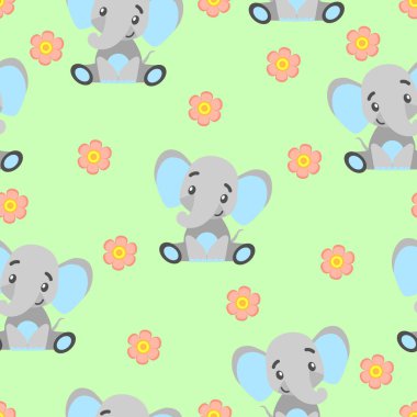 Yavru filler ve pembe çiçeklerle kusursuz desen. Gri ve açık mavi. Yeşil arka plan. Çizgi film tarzı. Komik ve sevimli. Afrika hayvanı. Kartpostallar, duvar kağıtları, tekstil ve ambalaj kağıtları için.