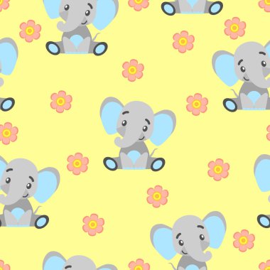 Yavru filler ve pembe çiçeklerle kusursuz desen. Gri ve açık mavi. Sarı arka plan. Çizgi film tarzı. Komik ve sevimli. Afrika hayvanı. Kartpostallar, duvar kağıtları, tekstil ve ambalaj kağıtları için.