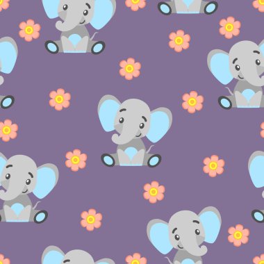 Yavru filler ve pembe çiçeklerle kusursuz desen. Gri ve açık mavi. Violet geçmişi. Çizgi film tarzı. Komik ve sevimli. Afrika hayvanı. Kartpostallar, duvar kağıtları, tekstil ve ambalaj kağıtları için.
