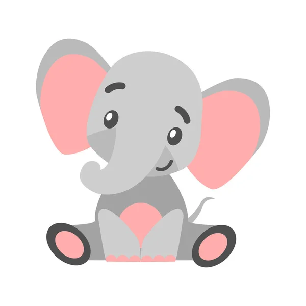 Glad Elefant Som Sitter Isolerad Vitt Grå Och Pastellrosa Platt — Stock vektor