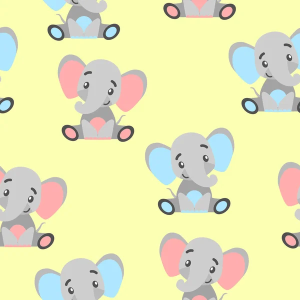 Seamless Pattern Happy Baby Elephant Gray Pink Blue Yellow Background — Stock Vector