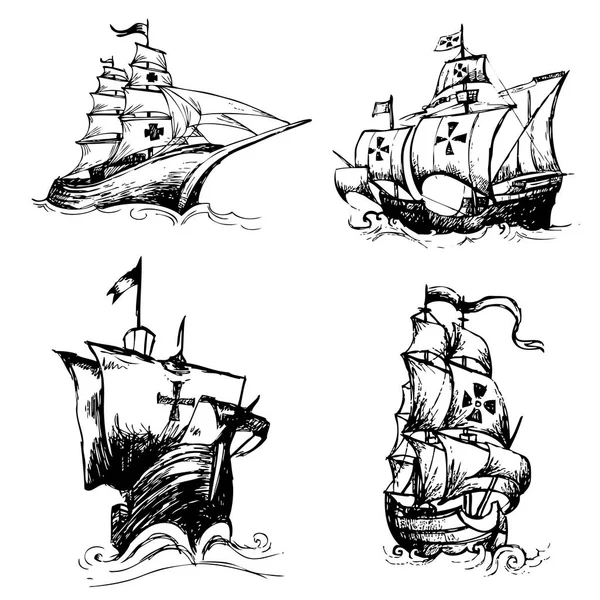 Jeu de doodle bateau colombe dessiné à la main — Image vectorielle