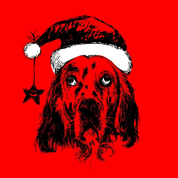 Собака з капелюхом Санта Клауса намальована — стоковий вектор