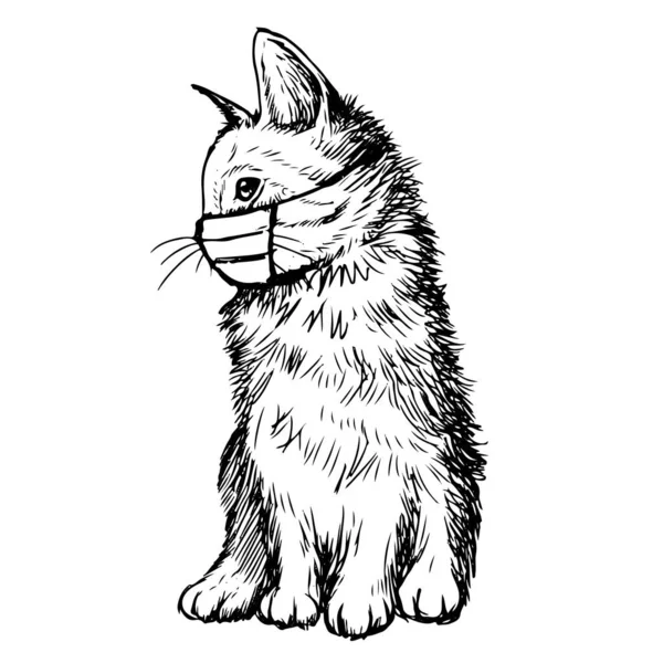 Ilustrasi Kucing Dengan Tangan Topeng Digambar Terisolasi Latar Belakang Putih - Stok Vektor