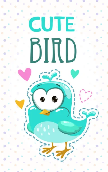 Söt flickaktiga illustration med roliga blå fågel. — Stock vektor