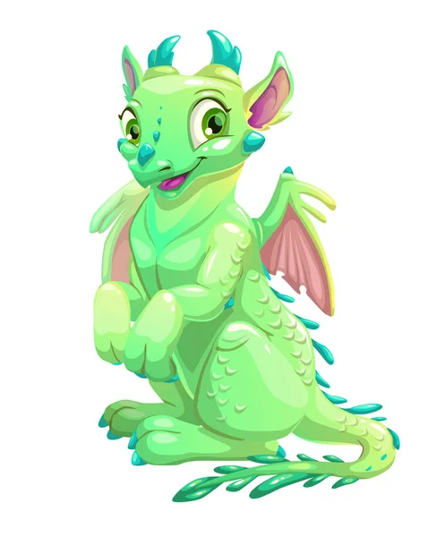 Cute friendly sitting green dragon — Stock Vector