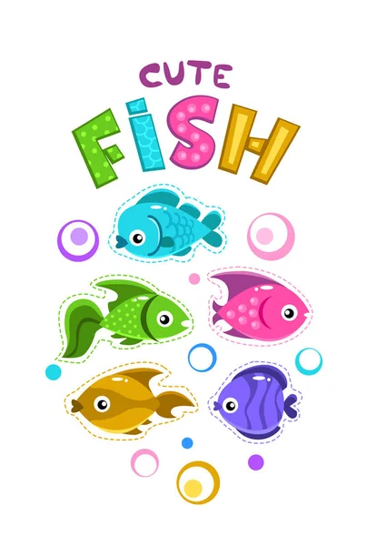Renkli balıklar ile komik çocukça yazdırma şablonu — Stok Vektör