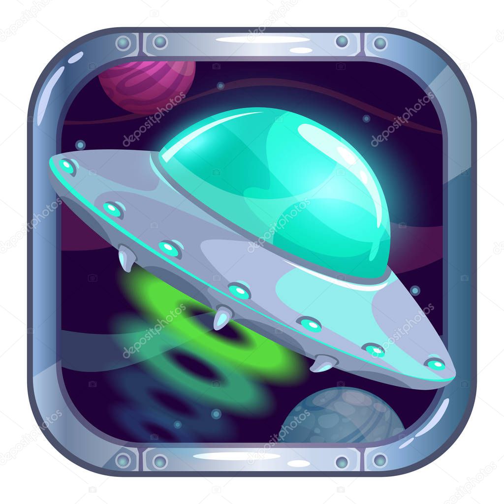 Cartoon app icon with flying ufo ship.