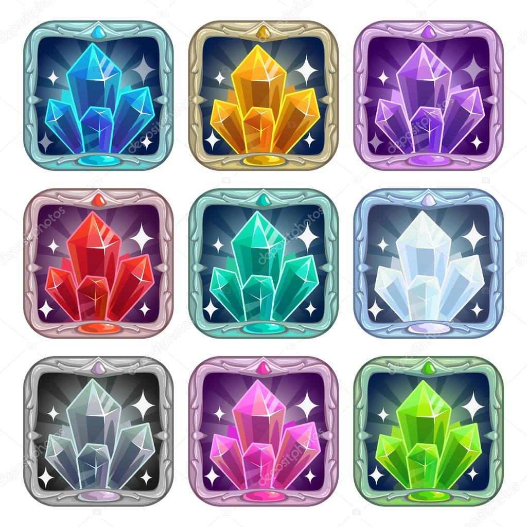 Fairy cartoon square app icons set for application store. Game logo template collection with colorful magic crystals and decorative frames, vector element for gui design.