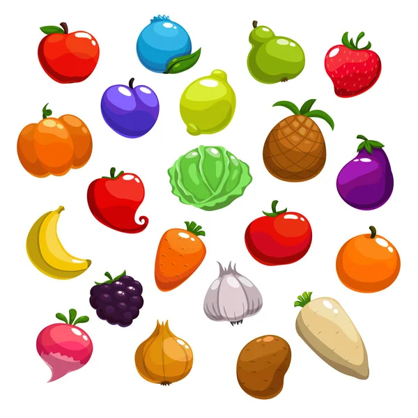 Cartoon fruits, berries and vegetable icons — Stock Vector