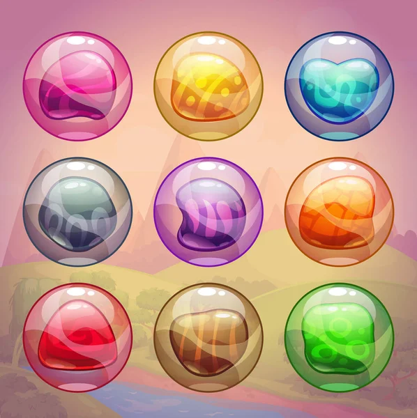 Burbujas brillantes de colores con piedras mágicas en el interior — Vector de stock