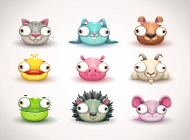 Komik deli hayvan yüzleri Icons set.