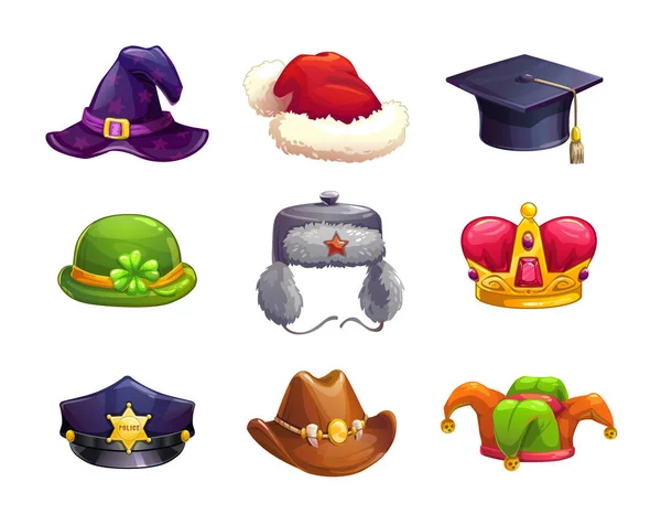 Dibujos animados diferentes iconos sombrero conjunto . — Vector de stock