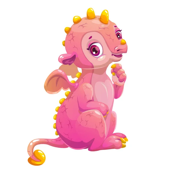 Little cute cartoon sitting pink dragon. — Stock Vector