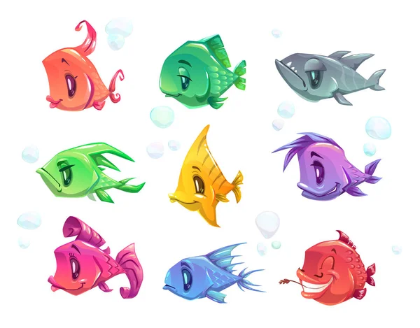 재미 있는 만화 다채로운 물고기 세트. — 스톡 벡터