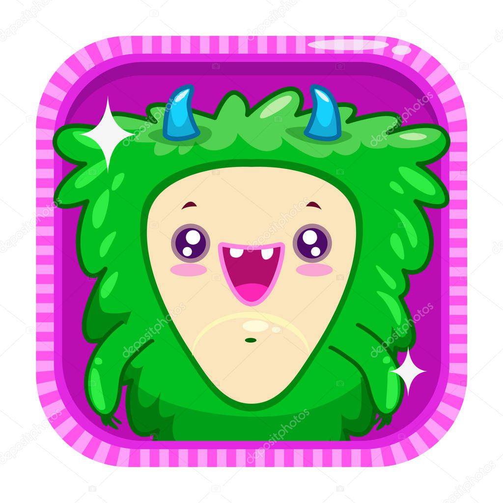 App icon with funny cartoon green fluffy monster. Application store logo template. Nice vector element for kids game design.
