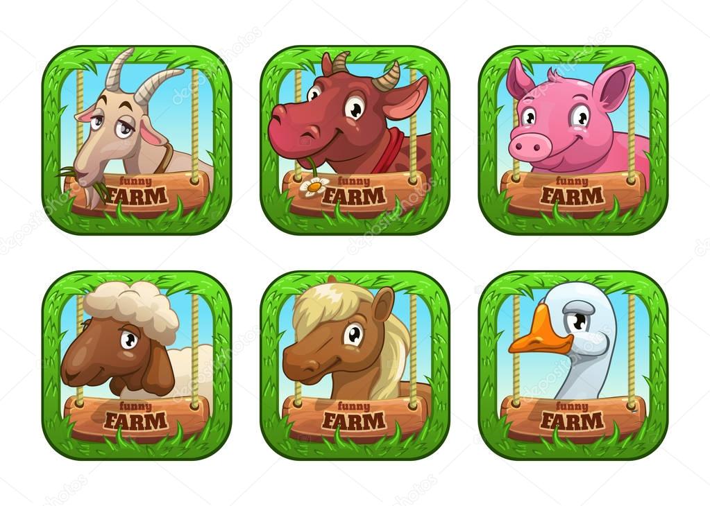 Funny cartoon farm game logo templates. Application store vector icons with cute animal faces.