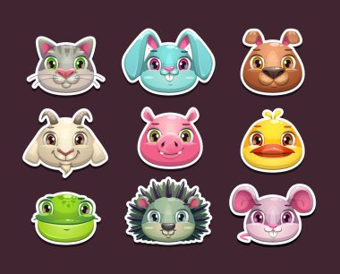Sevimli çizgi hayvan yüz Icons set.