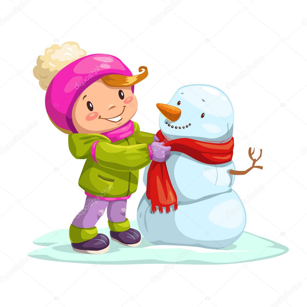 Little cute girl with snowman