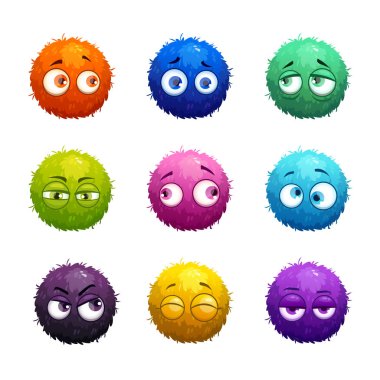 Funny cartoon colorful shaggy balls with eyes. clipart