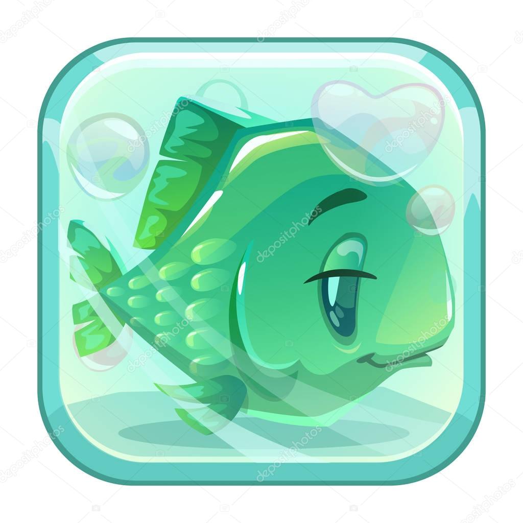 Cartoon green fish behind the glass. App icon for web or game design. Vector illustration.
