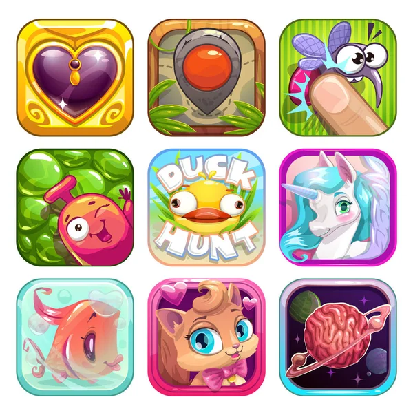 Ícones engraçados do aplicativo dos desenhos animados para o projeto do jogo . —  Vetores de Stock