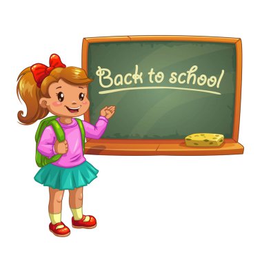 Okul blackboard yakınındaki küçük sevimli çizgi kız.