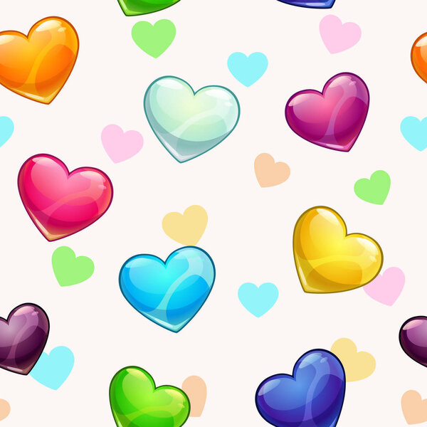 Seamless pattern with colorful glossy hearts.