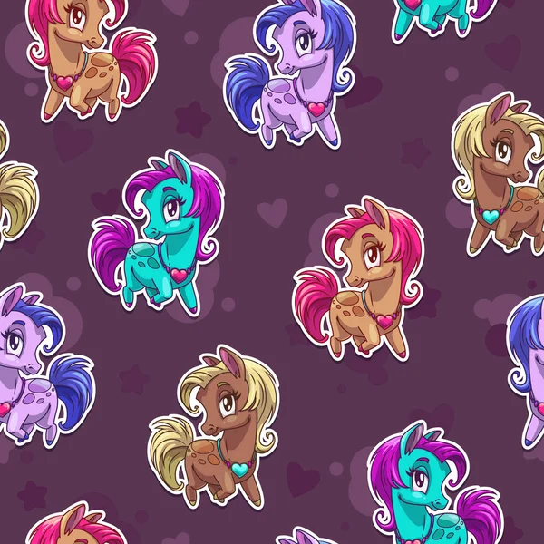 Cute seamless pattern with pretty little pony stickers. — Stock Vector