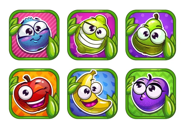 Iconos de aplicaciones de dibujos animados brillantes con frutas y bayas divertidas — Vector de stock