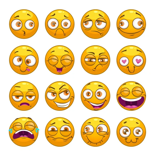 Funny comic cartoon yellow smiley faces set. — Stock Vector