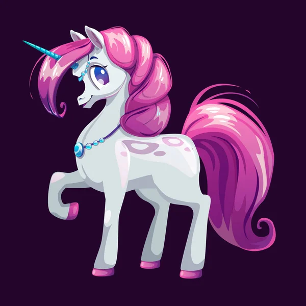 Lindo unicornio de dibujos animados con cabello rosa . — Archivo Imágenes Vectoriales