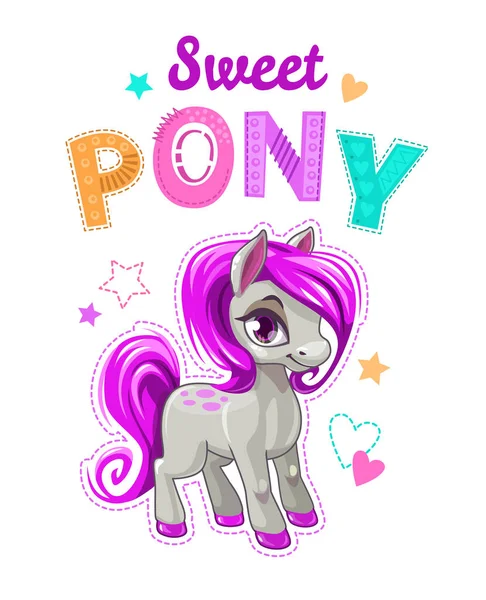 Cute cartoon little horse with purple hair. — Stock Vector