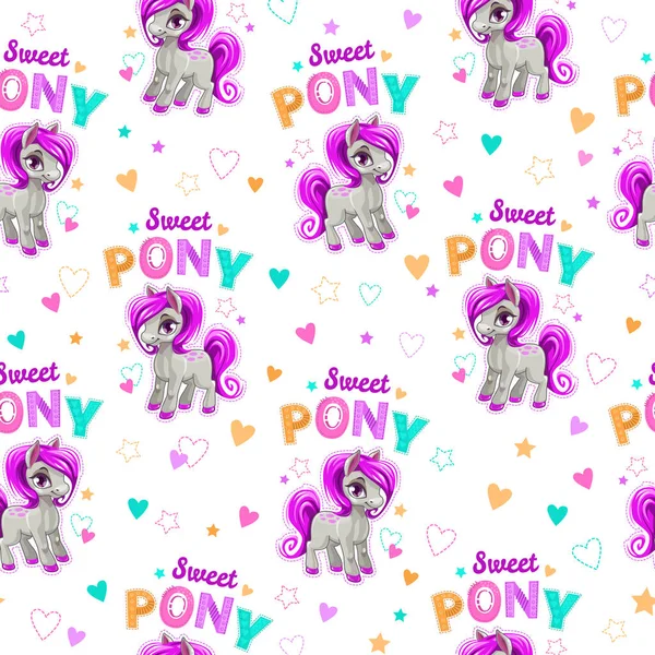 Cute seamless pattern with funny cartoon pony — Stock Vector