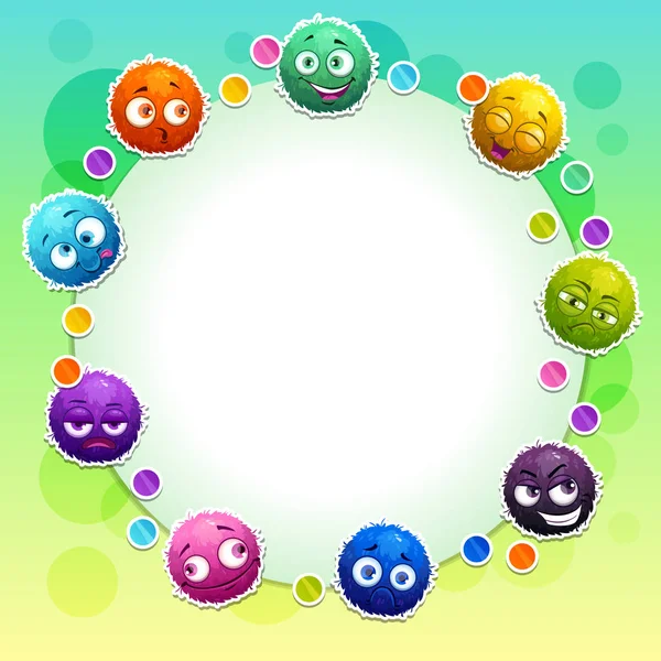 Funny childish banner with cute colorful fluffy round characters. — Stock Vector