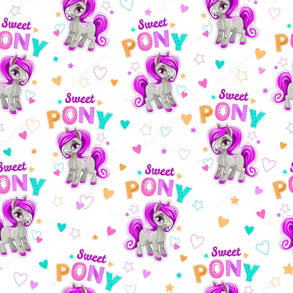 Cute seamless pattern with funny cartoon pony